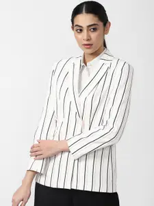 Van Heusen Woman Women White & Black Striped Double-Breasted Pure Cotton Formal Blazer