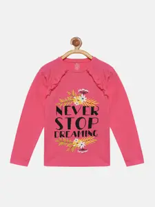 KiddoPanti Girls Pink Typography Printed T-shirt