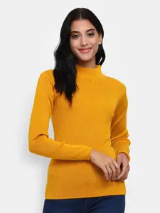V-Mart Women Mustard Western Solid Rainbow High Neck Woollen  Pullover
