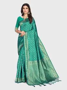Mitera Teal & Gold-Toned Woven Design Zari Silk Blend Saree