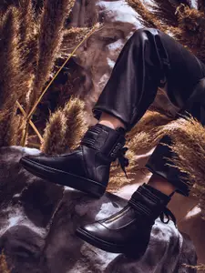 Saint G Black Leather Front Zipper Round Toe Mid-Top Regular Boots