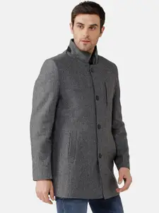 LURE URBAN Men Grey Solid Stand Collar Wool Overcoats