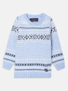 Octave Boys Blue & White Printed Long Sleeves Acrylic Pullover