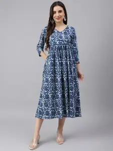 DECKEDUP Blue Floral Printed Ethnic Dress