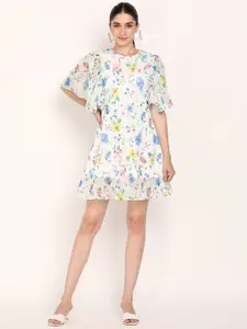 DODO & MOA White & Blue Floral Printed Georgette A-Line Dress
