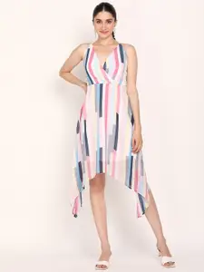 DODO & MOA Women White & Pink Striped Georgette Midi Dress