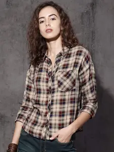 Roadster Women Beige & Maroon Checked Relaxed Boxy Fit Casual Shirt