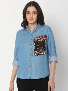 SPYKAR Women Blue Slim Fit Printed Casual Shirt
