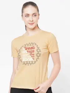 LAASA  SPORTS LAASA SPORTS Women Yellow Typography Printed Pure Cotton T-shirt