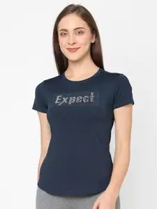 LAASA  SPORTS LAASA SPORTS Women Navy Blue Typography Printed Slim Fit T-shirt