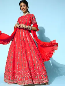 Chhabra 555 Red Embellished Mirror Work Made to Measure Lehenga & Blouse With Dupatta
