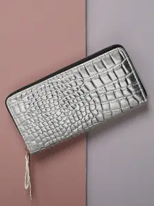 HAUTE SAUCE by  Campus Sutra HAUTE SAUCE by Campus Sutra Women Silver-Toned Textured PU Zip Around Wallet