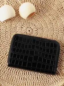 HAUTE SAUCE by  Campus Sutra HAUTE SAUCE by Campus Sutra Women Black Textured PU Zip Around Wallet