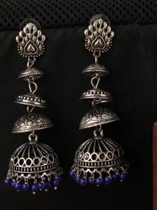 Bhana Fashion Women Silver-Toned & Blue Contemporary Jhumkas Earrings