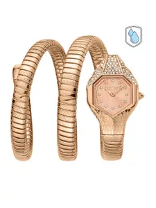 Just Cavalli Women Rose Gold-Toned Embellished Dial & Rose Gold-Plated Stainless Steel Wrap Around Straps Watch