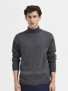 SELECTED Men Cotton Grey Cable Knit Pullover Sweater