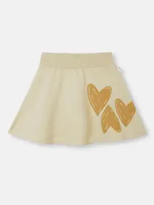You Got Plan B Girls Beige Colored Heart Printed Mini Skater Pure Cotton Skirts
