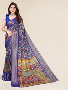 Winza Designer Blue & Orange Floral Zari Pure Chiffon Bagh Saree
