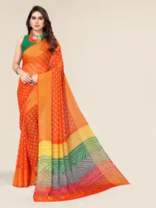 Winza Designer Orange & Green Bandhani Zari Pure Chiffon Bandhani Saree