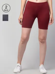 Apraa & Parma Women Set Of 2 Maroon Slim Fit Pure Cotton Cycling Sports Shorts