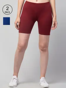 Apraa & Parma Women Set Of 2 Maroon & Blue Slim Fit Pure Cotton Cycling Sports Shorts