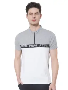 Pepe Jeans Men Grey Melange & White Colourblocked Diego Zip Through Tee Cotton  T-shirt