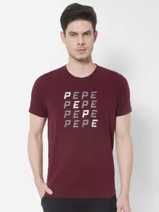 Pepe Jeans Men Burgundy Typography Printed Cotton T-shirt