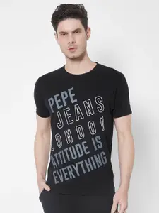 Pepe Jeans Men Black Typography Printed Raw Edge T-shirt