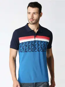 Pepe Jeans Men Blue Colourblocked Polo Collar T-shirt