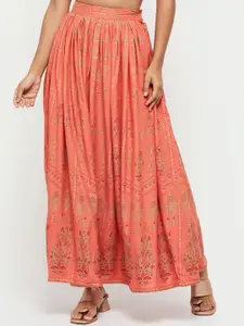 max Women Peach Colored Printed Flared Maxi Skirts