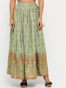 max Women Green Woven Design Flared Maxi Skirt