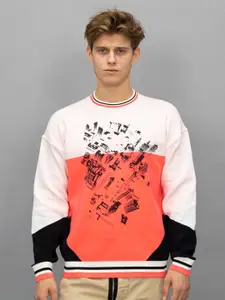 FREESOUL Men Off-White and Coral Colorblocked Printed Sweatshirt