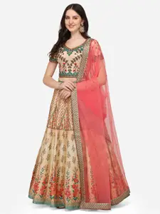 SAPTRANGI Cream-Coloured & Green Embroidered  Lehenga & Unstitched Blouse With Dupatta