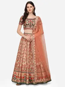 SAPTRANGI Peach-Coloured & Red Embroidered Semi-Stitched Lehenga Set