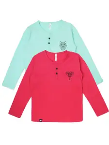 earth conscious Boys Pack of 2 Sea Green & Red Henley Neck Cotton T-shirt