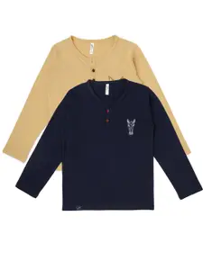 earth conscious Boys Pack Of 2 Beige & Navy Blue Henley Neck T-shirt