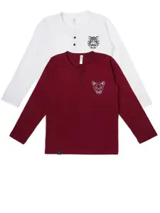 earth conscious Boys Pack Of 2 White & Brown Solid Long Sleeves Henley Neck T-shirt