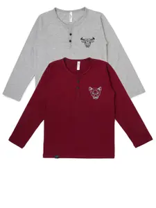 earth conscious Boys Pack Of 2 Grey Melange & Maroon Long Sleeves Henley Neck T-shirt
