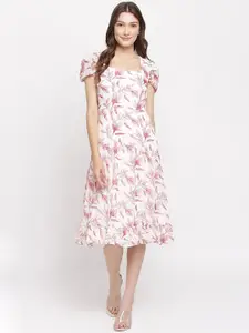 Latin Quarters White & Pink Floral Printed Square Neck A-Line Midi Dress