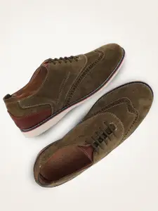 FAUSTO Men Olive Green Perforations Suede Oxfords
