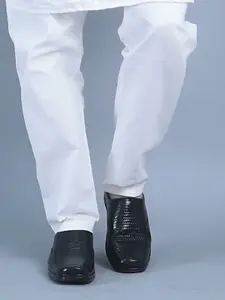 FAUSTO Men Black Solid Leather Slip On Shoe-Style Sandals