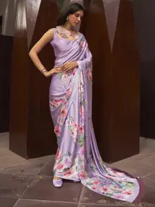 Mitera Lavender & Pink Floral Satin Saree