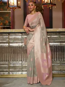 Mitera Grey & Pink Woven Design Zari Pure Linen Saree