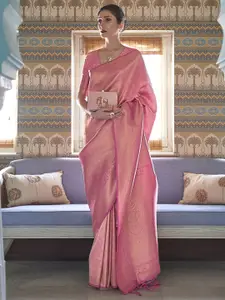 Mitera Pink & Gold-Toned Ethnic Motifs Zari Silk Blend Kanjeevaram Saree