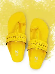 THE MADRAS TRUNK Women Yellow Solid Kolhapuri One Toe Flats with Laser Cuts