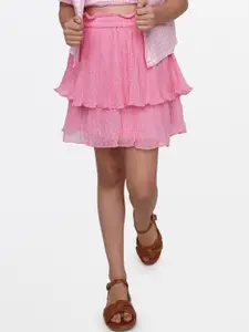 AND Girls Pink Solid Layered Skirt