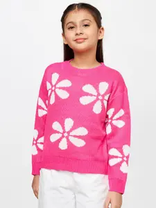 AND Girls Pink Floral Print Extended Sleeves Top