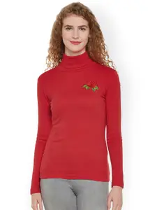 Hypernation Women Red Solid High Neck Slim T-shirt