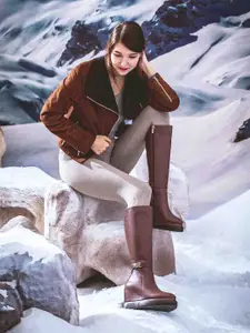 Saint G Chain Decor Tan Leather Inside Wedge Heel High-Top Regular Boots