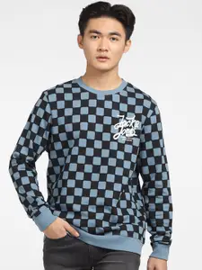 Jack & Jones Men Blue Geometric Self Design Cotton Sweatshirt